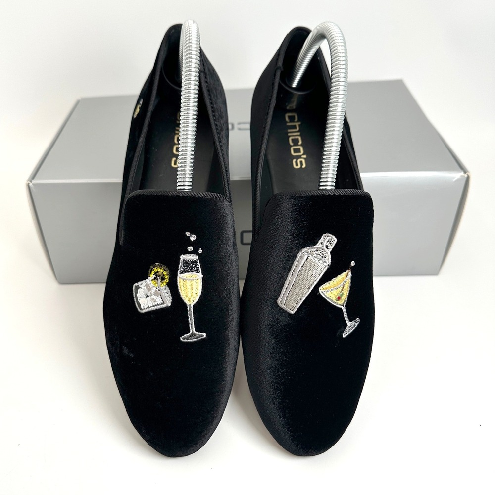 Chicos Hollyn Shoes Womens 7.5 Black Velvet Cocktail Embroidered Smoking Slipper